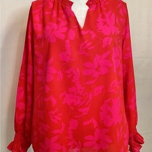 Vivid Pink Floral V-Neck Long-Sleeve Blouse